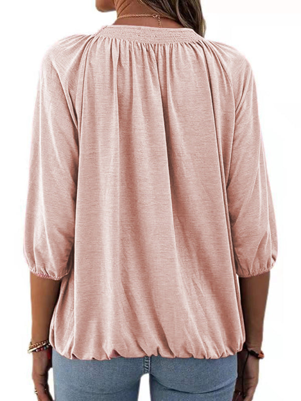 Jeannie Solid Color Loose Round Neck 3/4 Sleeves Ladies T-Shirt