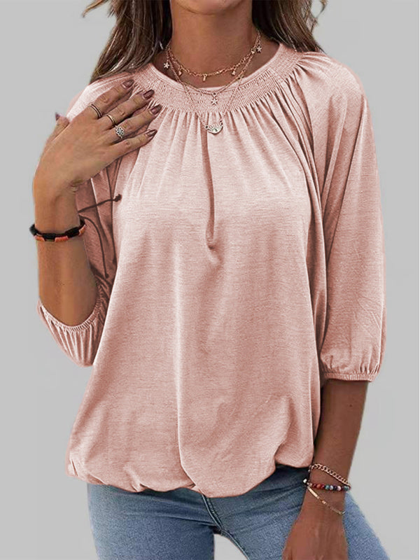 Jeannie Solid Color Loose Round Neck 3/4 Sleeves Ladies T-Shirt