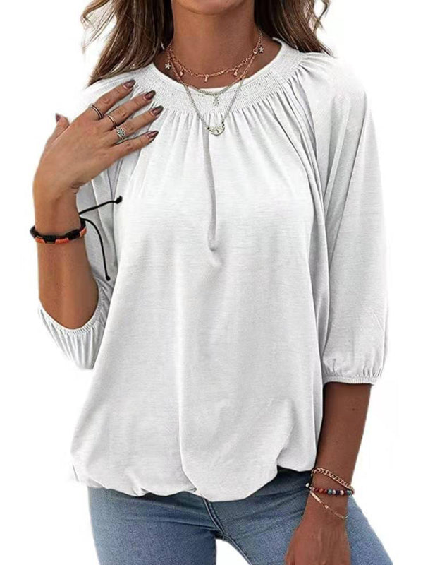Jeannie Solid Color Loose Round Neck 3/4 Sleeves Ladies T-Shirt