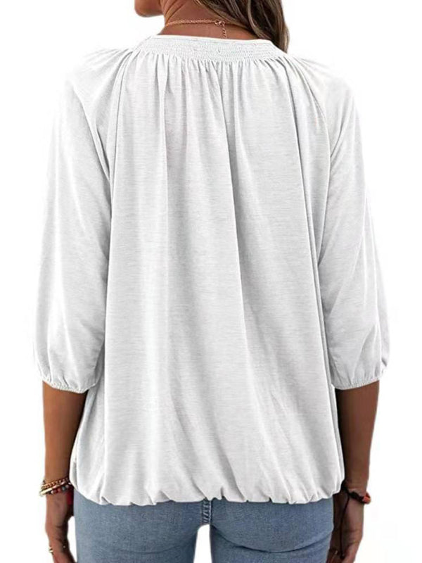 Jeannie Solid Color Loose Round Neck 3/4 Sleeves Ladies T-Shirt