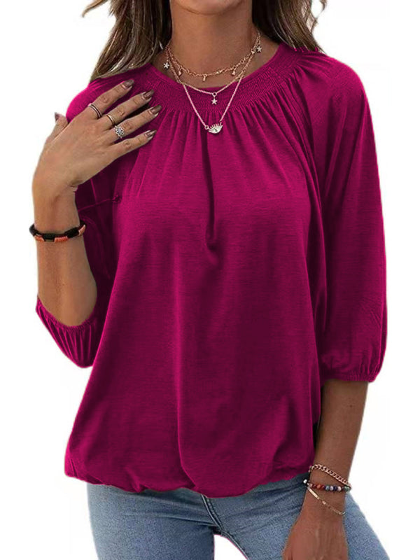 Jeannie Solid Color Loose Round Neck 3/4 Sleeves Ladies T-Shirt