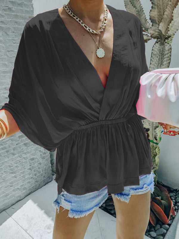 Mahalia New Style Cotton V-Neck Elastic Waist Casual Fashion Short-Sleeved Shirt