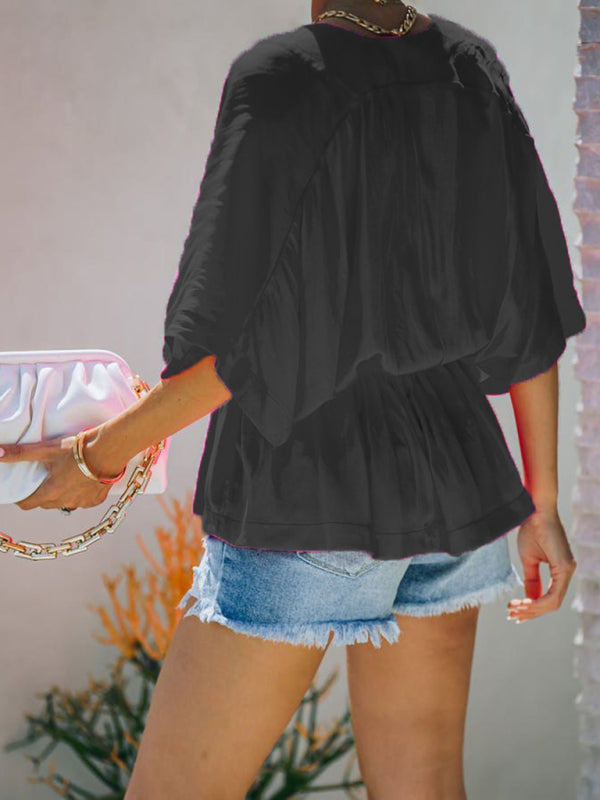 Mahalia New Style Cotton V-Neck Elastic Waist Casual Fashion Short-Sleeved Shirt