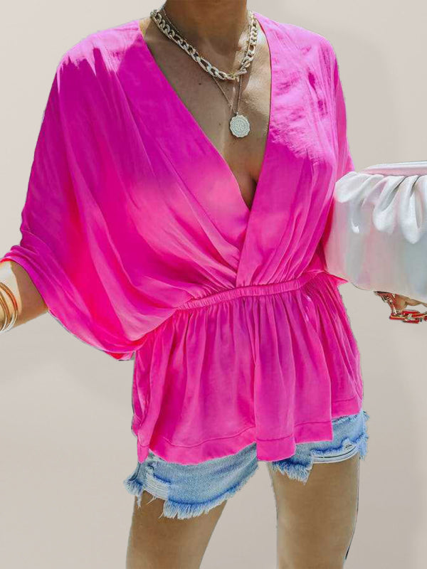 Mahalia New Style Cotton V-Neck Elastic Waist Casual Fashion Short-Sleeved Shirt
