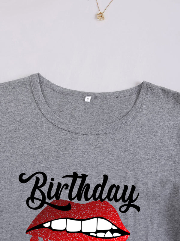 Eulalie Lips Print Birthday Graphic Casual Tee