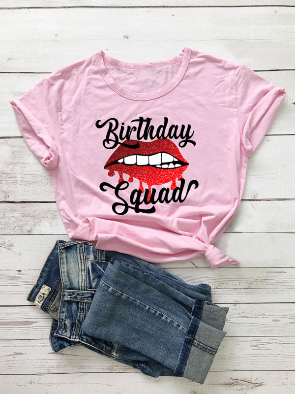 Eulalie Lips Print Birthday Graphic Casual Tee