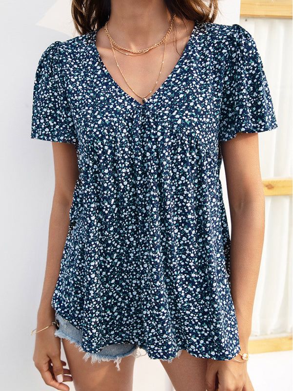 Maira V-Neck Loose Pleated Print Casual European And American Tops