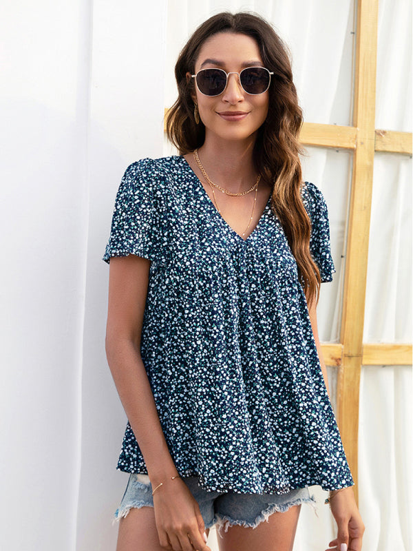 Maira V-Neck Loose Pleated Print Casual European And American Tops