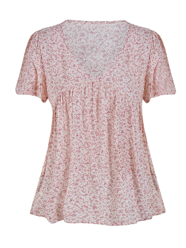 Maira V-Neck Loose Pleated Print Casual European And American Tops