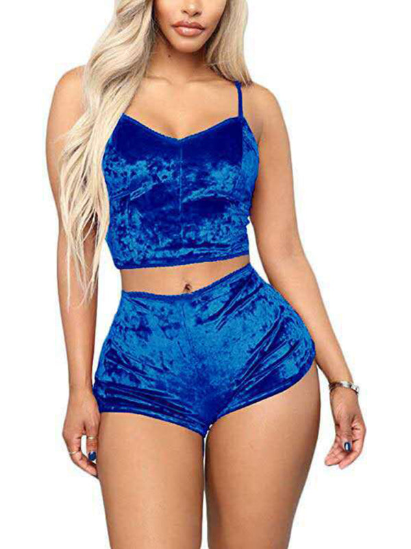 Indigo Sexy Velvet V-neck Underwear Two-Piece Set Sexy Lingerie Homewear Set