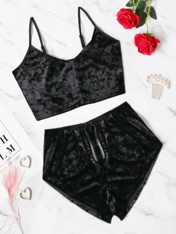 Indigo Sexy Velvet V-neck Underwear Two-Piece Set Sexy Lingerie Homewear Set