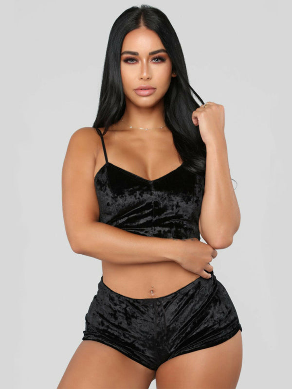 Indigo Sexy Velvet V-neck Underwear Two-Piece Set Sexy Lingerie Homewear Set