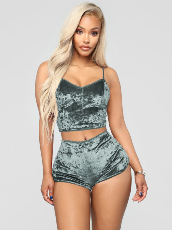 Indigo Sexy Velvet V-neck Underwear Two-Piece Set Sexy Lingerie Homewear Set