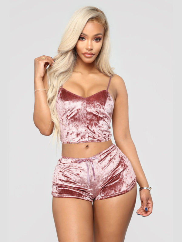 Indigo Sexy Velvet V-neck Underwear Two-Piece Set Sexy Lingerie Homewear Set
