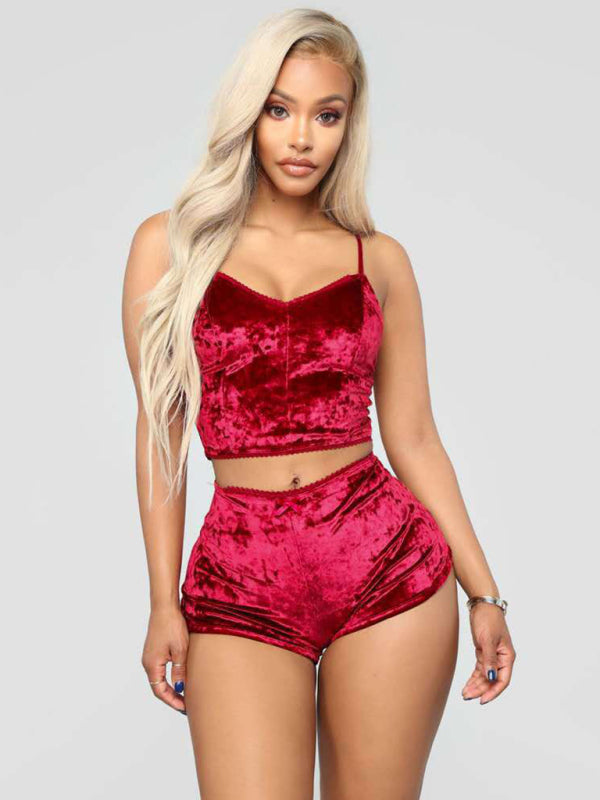 Indigo Sexy Velvet V-neck Underwear Two-Piece Set Sexy Lingerie Homewear Set