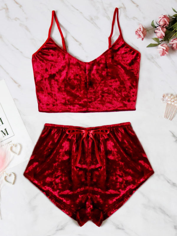 Indigo Sexy Velvet V-neck Underwear Two-Piece Set Sexy Lingerie Homewear Set