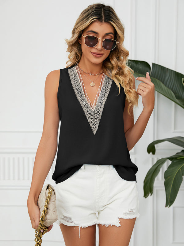 Cosette Women's Solid Color Chiffon Loose V Neck Sleeveless Tank Top