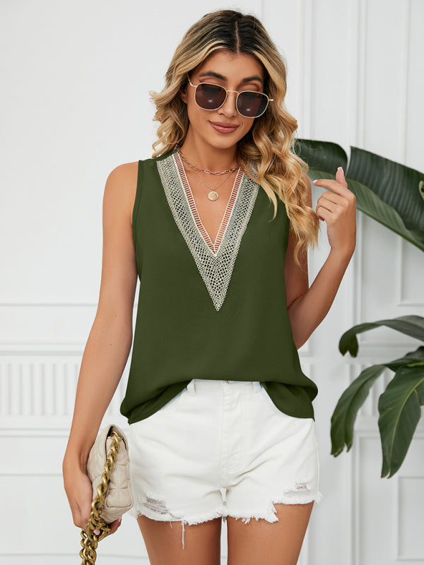 Cosette Women's Solid Color Chiffon Loose V Neck Sleeveless Tank Top