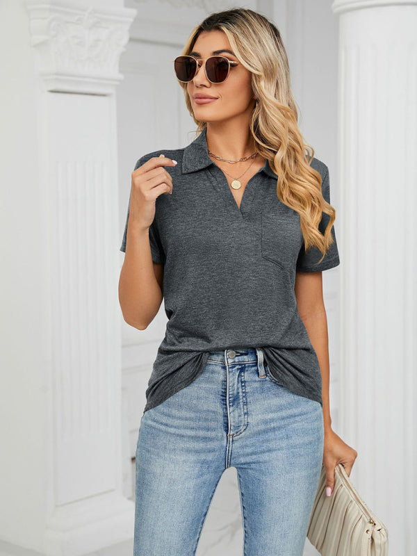 Payton Women's Solid Color Short-Sleeved Lapel Pocket Loose Polo T-Shirt
