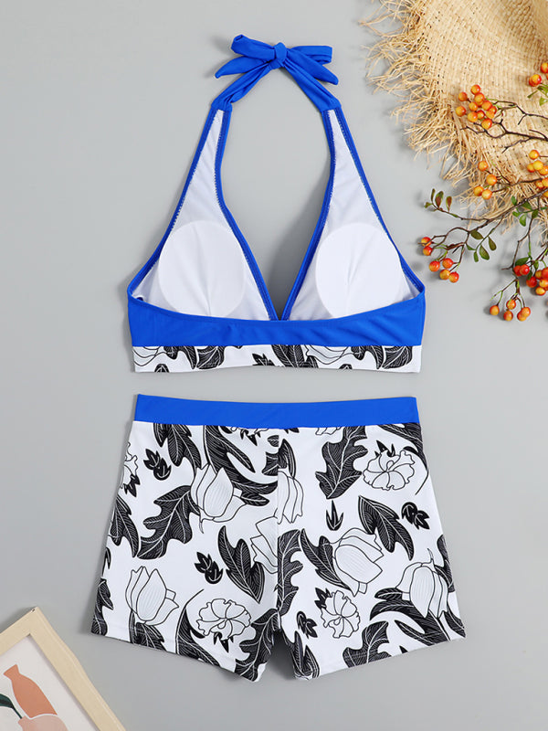 Henrietta Women's High Waist Boxer Tie Printed Solid Color Panel Bikini