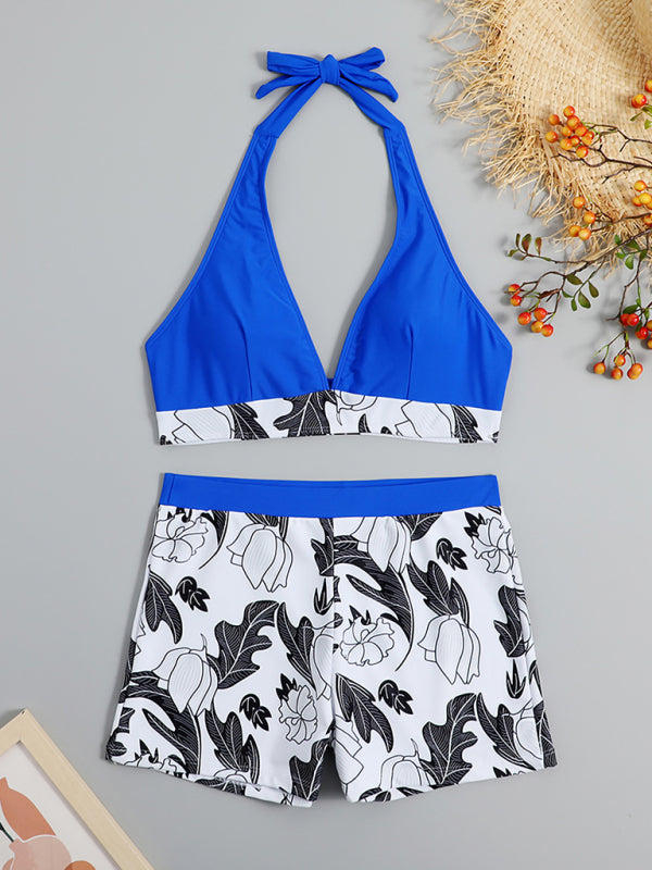 Henrietta Women's High Waist Boxer Tie Printed Solid Color Panel Bikini