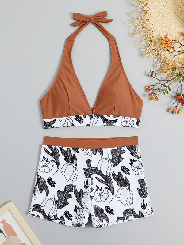 Henrietta Women's High Waist Boxer Tie Printed Solid Color Panel Bikini