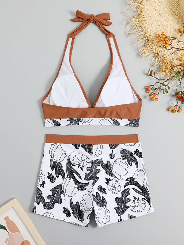 Henrietta Women's High Waist Boxer Tie Printed Solid Color Panel Bikini