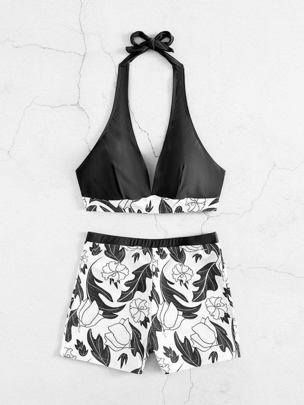 Henrietta Women's High Waist Boxer Tie Printed Solid Color Panel Bikini
