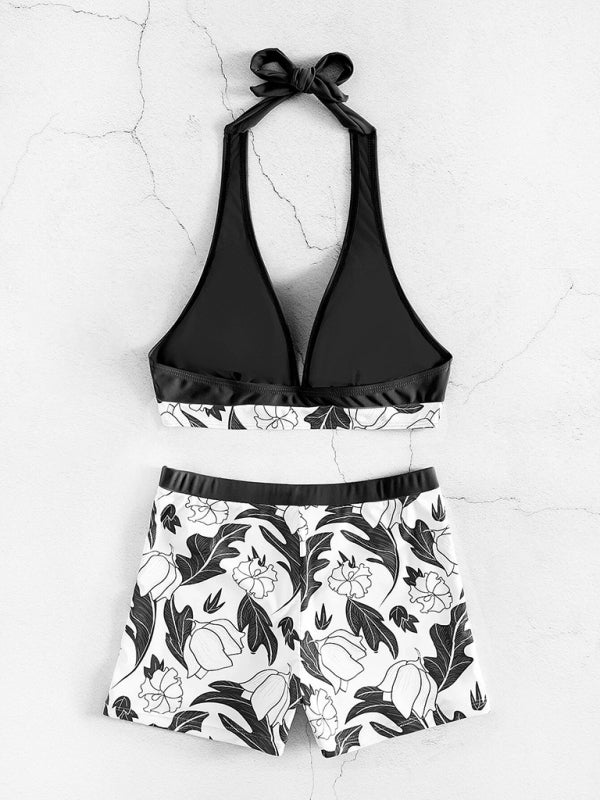 Henrietta Women's High Waist Boxer Tie Printed Solid Color Panel Bikini