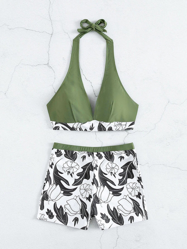 Henrietta Women's High Waist Boxer Tie Printed Solid Color Panel Bikini