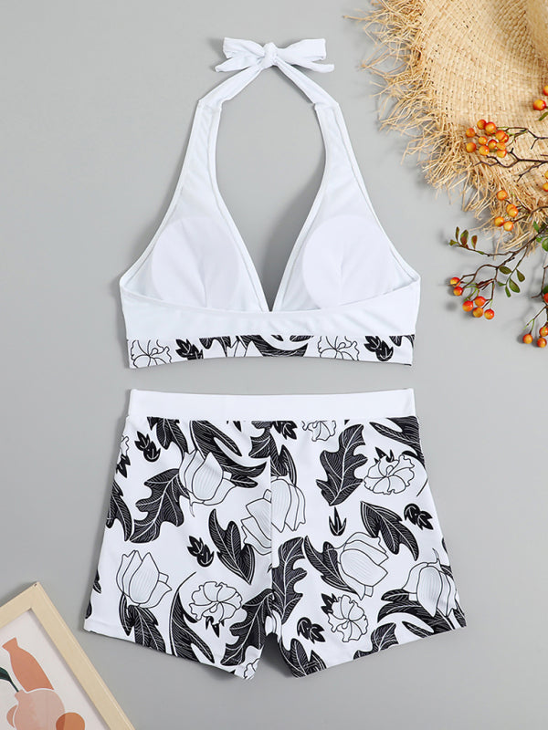 Henrietta Women's High Waist Boxer Tie Printed Solid Color Panel Bikini