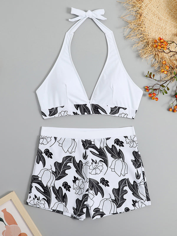 Henrietta Women's High Waist Boxer Tie Printed Solid Color Panel Bikini