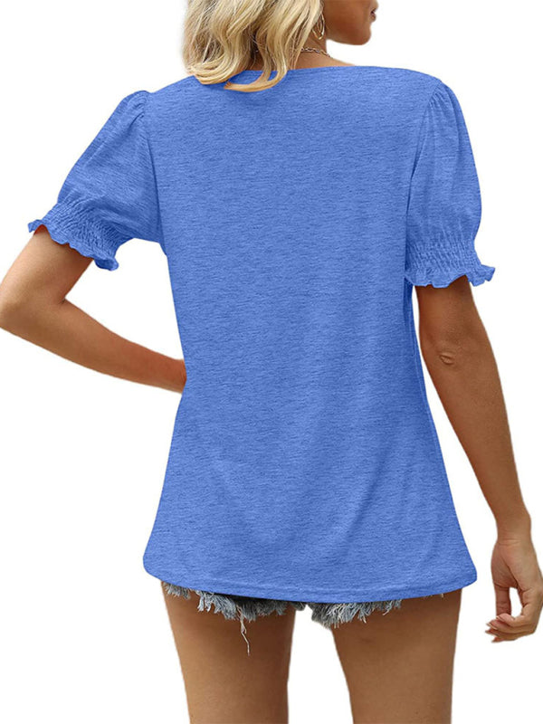 Maggie Summer Women's Puff Sleeve Pleated Short Sleeve V Neck T-Shirt