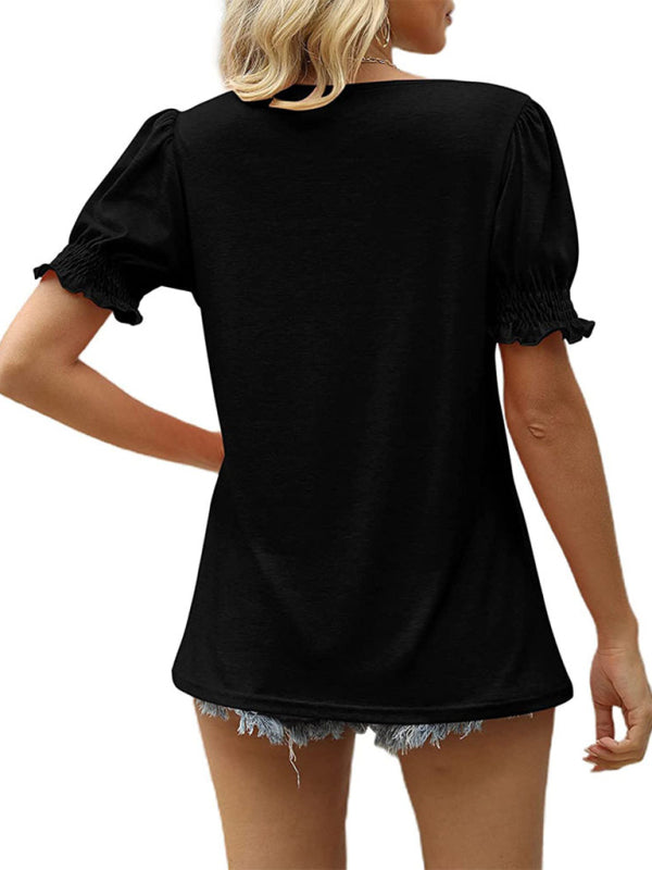 Maggie Summer Women's Puff Sleeve Pleated Short Sleeve V Neck T-Shirt
