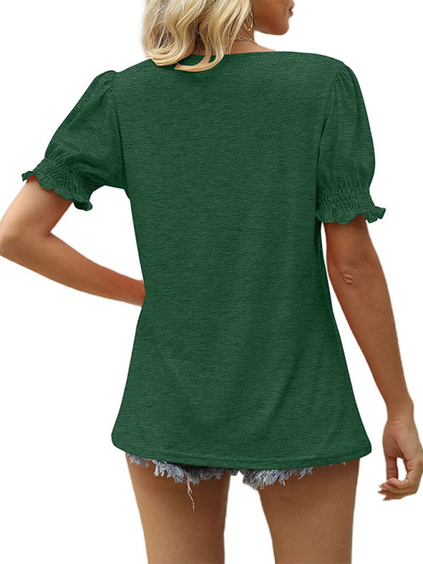 Maggie Summer Women's Puff Sleeve Pleated Short Sleeve V Neck T-Shirt