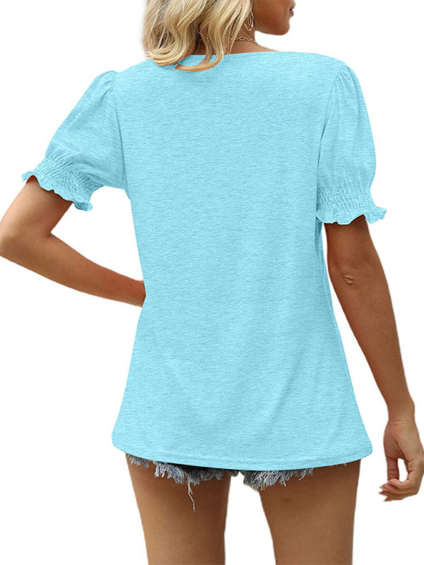 Maggie Summer Women's Puff Sleeve Pleated Short Sleeve V Neck T-Shirt
