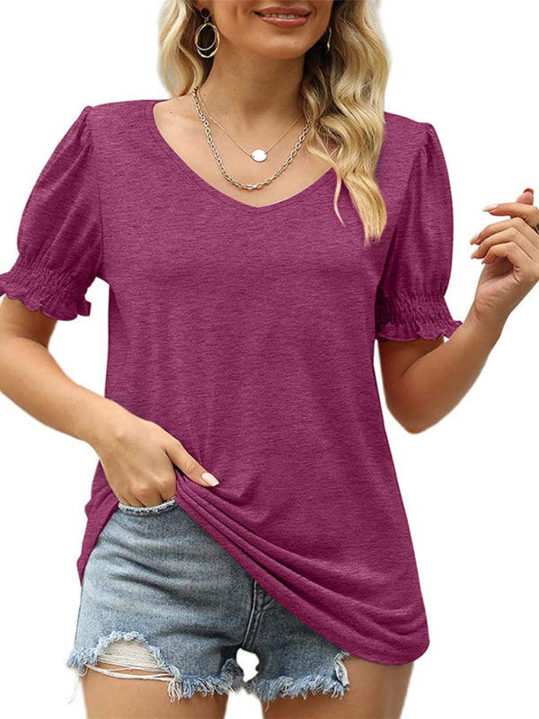 Maggie Summer Women's Puff Sleeve Pleated Short Sleeve V Neck T-Shirt