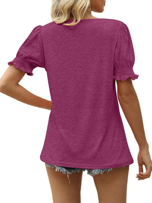 Maggie Summer Women's Puff Sleeve Pleated Short Sleeve V Neck T-Shirt