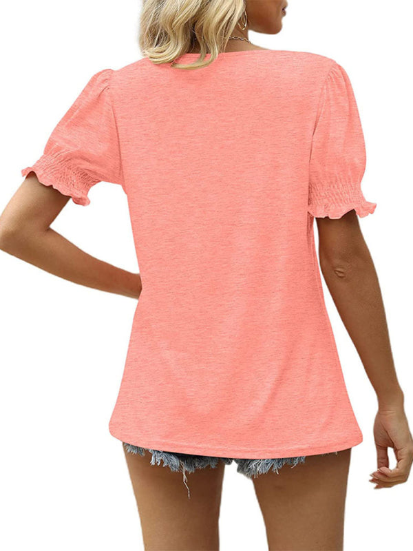 Maggie Summer Women's Puff Sleeve Pleated Short Sleeve V Neck T-Shirt