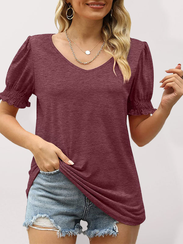 Maggie Summer Women's Puff Sleeve Pleated Short Sleeve V Neck T-Shirt