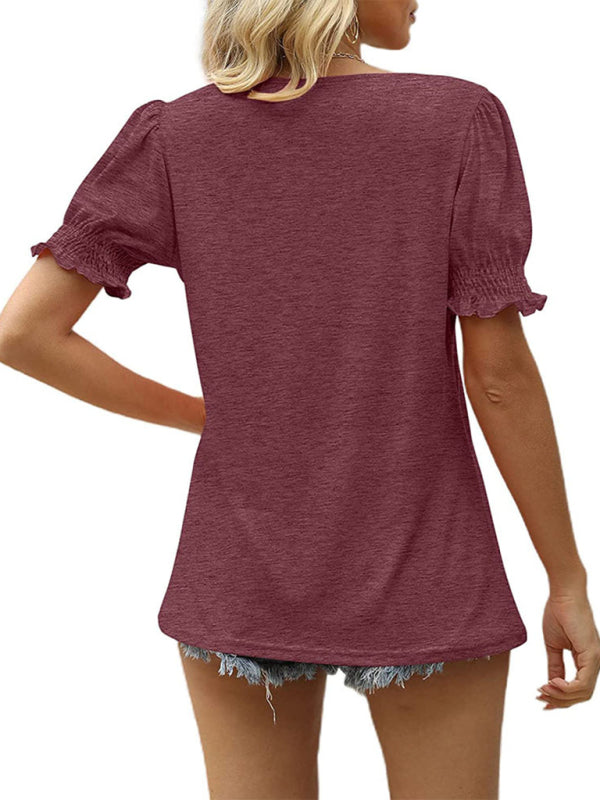 Maggie Summer Women's Puff Sleeve Pleated Short Sleeve V Neck T-Shirt