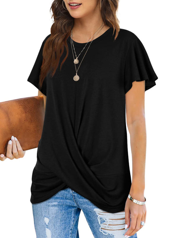 Hayley Explosive Round Neck Solid Color Hem Kink Short-Sleeved T-Shirt