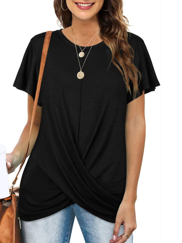 Hayley Explosive Round Neck Solid Color Hem Kink Short-Sleeved T-Shirt
