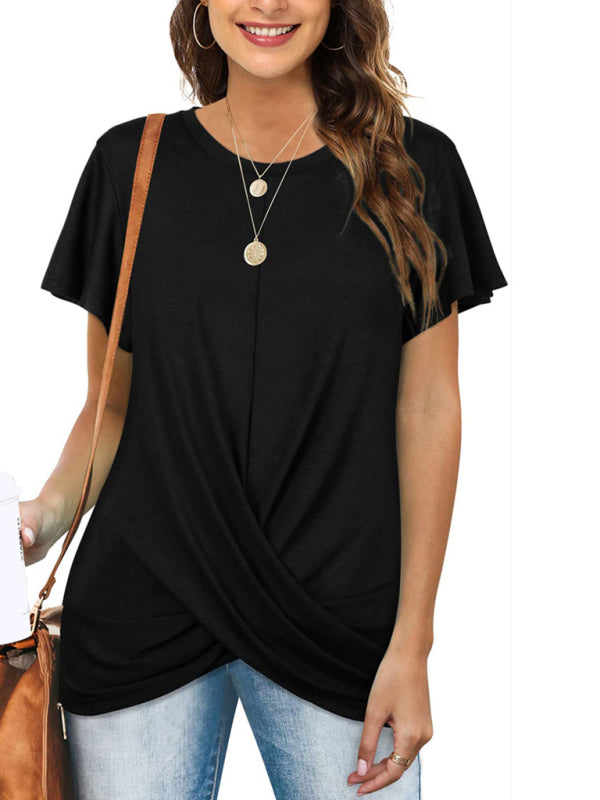 Hayley Explosive Round Neck Solid Color Hem Kink Short-Sleeved T-Shirt