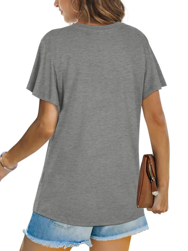 Hayley Explosive Round Neck Solid Color Hem Kink Short-Sleeved T-Shirt