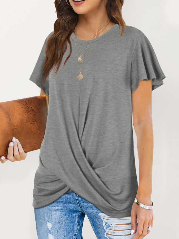 Hayley Explosive Round Neck Solid Color Hem Kink Short-Sleeved T-Shirt
