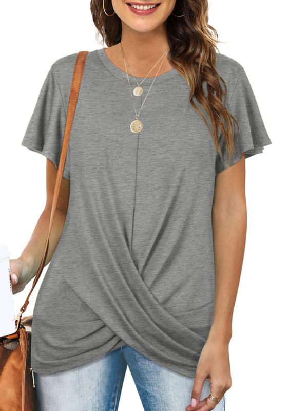 Hayley Explosive Round Neck Solid Color Hem Kink Short-Sleeved T-Shirt