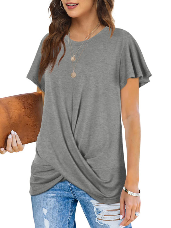 Hayley Explosive Round Neck Solid Color Hem Kink Short-Sleeved T-Shirt