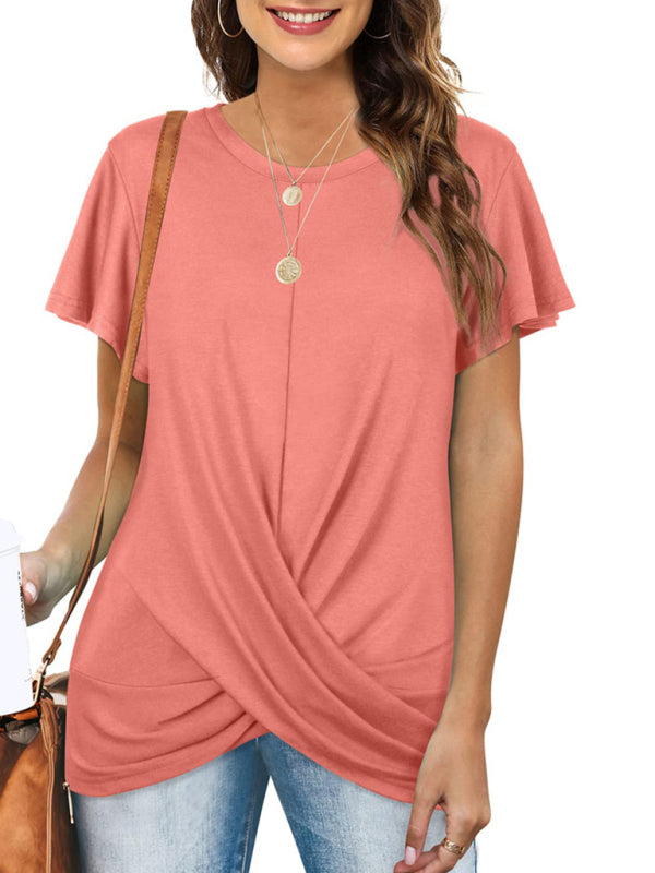 Hayley Explosive Round Neck Solid Color Hem Kink Short-Sleeved T-Shirt