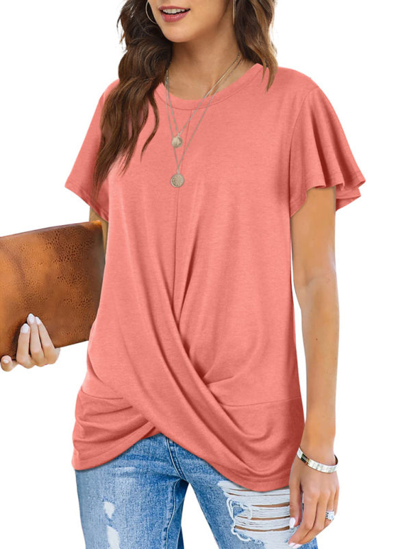 Hayley Explosive Round Neck Solid Color Hem Kink Short-Sleeved T-Shirt